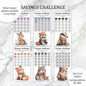 May include: A set of six savings challenge trackers with animal illustrations, including a deer, red panda, badger, fox, wolf, and bear. Each tracker has a different theme and design, with the text "Savings Challenge" at the top. The size is 3 x 6 inches.