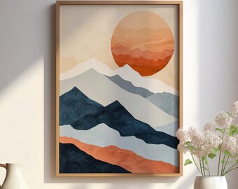 Abstract Sunset Mountain Art, Minimalist Peaks, Blue White Peaks, Modern Landscape, Navy Orange Art, Abstract Nature Digital Print