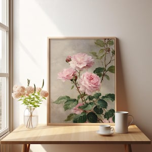 Sztuka z różową różą w stylu vintage | Antyczna dekoracja ścienna z motywem botanicznym | Plakat kwiatowy Cottagecore