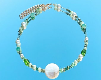 Trendy green and sage green necklace, trendy green necklace with flat circle shell bead, Martha calve inspired