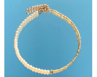 Half pearl half gold bead smiley face necklace, trendy smiley face necklace, half gold half pearl necklace