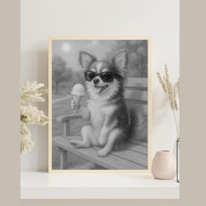 Póster de Chihuahua: Perro divertido con gafas de sol y helado | Arte digital para pared en 4 tamaños (A4, 2, 3, 3, 4, 4 y 5) para descargar en la sala de estar.