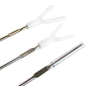 May include: Three silver tools with white plastic tips. The tips are shaped like a Y. The tools are used for cleaning pipes.