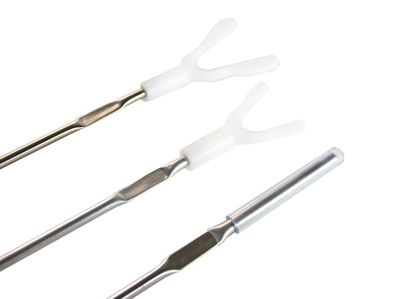 May include: Three silver tools with white plastic tips. The tips are shaped like a Y. The tools are used for cleaning pipes.