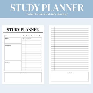 May include: A white study planner with the title "STUDY PLANNER" in bold, black letters. The planner includes sections for dates, subjects, study goals, materials, and a schedule. The right page is lined for notes.