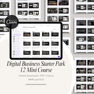 以下が含まれることがあります： タブレットに表示された12のミニコースを備えたデジタルビジネススターターパック。タブレットは他のコースプレビューに囲まれています。タブレットのテキストは「12 Mini Course Bundle」と表示されています。画像には「Digital Business Starter Park 12 Mini Course」というテキストも含まれています。