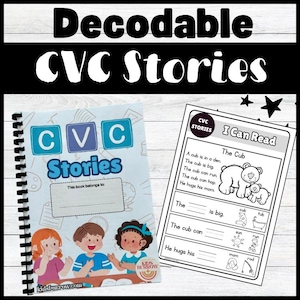 May include: An educational resource featuring a spiral-bound book and a worksheet for early readers. The book is titled "Decodable CVC Stories" and has a blue cover with illustrations of children. The worksheet includes a story and fill-in-the-blank activities.