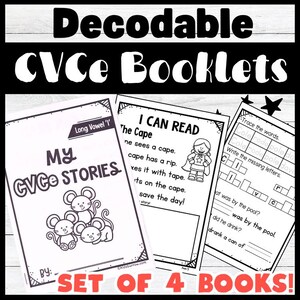 Peut inclure: Un ensemble de quatre livrets éducatifs intitulés Decodable CVCe Booklets. La couverture présente le texte My CVCe Stories avec un dessin de trois souris. Les pages intérieures incluent l'histoire The Cape avec une illustration de super-héros.