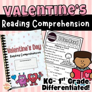 Op de afbeelding: Een Valentijnsdag leesvaardigheid werkboek en werkblad set voor KG-1e klas studenten. De cover toont de tekst "Valentine's Day Reading Comprehension" en schattige monster illustraties. De werkbladen bevatten een verhaal.