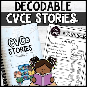 May include: A spiral-bound educational workbook titled DECODABLE CVCE STORIES featuring a cover with illustrations of children reading and a page titled I CAN READ with the story Jake Bakes, including text, line drawings, and fill-in-the-blank exercises.