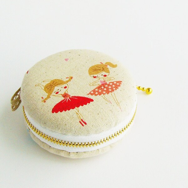 Little girls-ballerina-linen-macaron coin purse-lace-macaroon Coin or Jewelry pouch-red