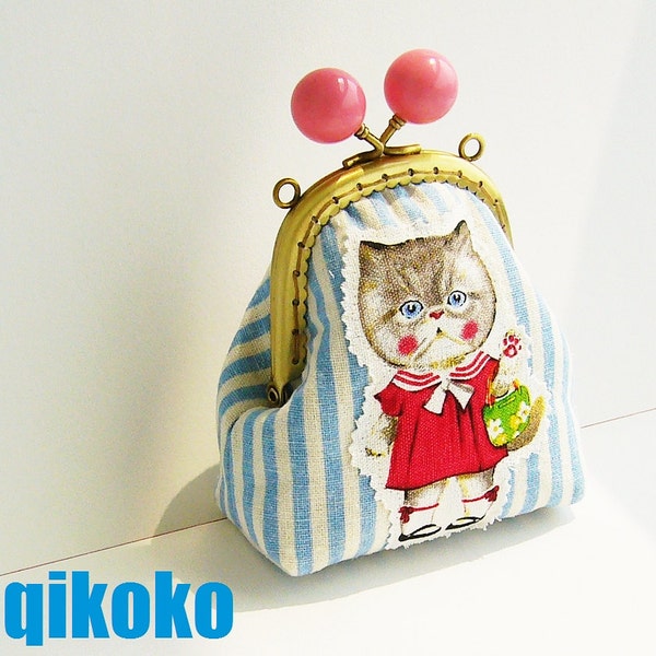 blue cat stripe  linen frame coin purse / Coin Wallet / Pouch coin purse/  Kitten