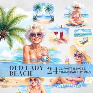 Raccolta di clipart di vecchie signore in spiaggia, 24 PNG, nonna affascinante, vecchie signore che bevono, anziani che prendono il sole, nonna, nonna, divertente, clipart