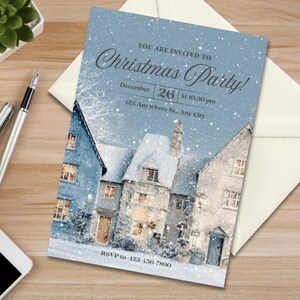 Modèle d'Invitation de fête de Noël, invitation de vacances bleu village d'hiver, élégant imprimable sur toile