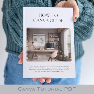 Puede incluir: Se muestra un libro blanco titulado "HOW-TO CANVA GUIDE". La portada del libro presenta una foto de una oficina en casa moderna. El texto debajo de la foto dice: "Aprenda paso a paso a usar Canva con esta útil guía para principiantes."