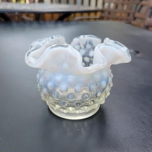 Vintage Fenton Hobnail Moonstone Opalescent Ruffle Top Vase
