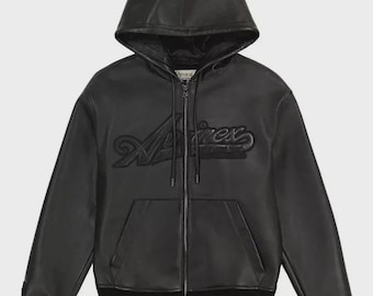Giacca con cappuccio in pelle nera Avirex da uomo, stile bomber americano, in pelle