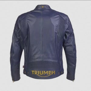 Men&#39;s Triumph Blue Braddan Sport Racing Jacket Real Cowhide Biker & Motorcycle Racer Leather Jacket