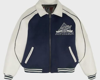 New Avirex The Legend American Flight Leather Jacket Mens Classic Blue Varsity Style Bomber Jacket