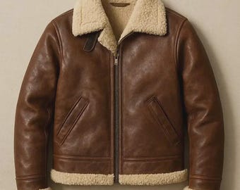 Men’s Fur Shearling Leather Jacket Brown Bomber Aviator Flight Real Sheepskin Jacket Coat