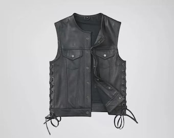 Men's Genuine Motorcycle Black Leather Biker Vest Highway Motorbike Club Vest