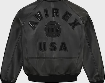 Men's Avirex Black Real Bomber American Flight Jacket 100% Lambskin Leather Jacket