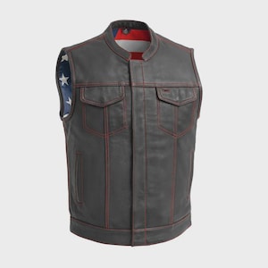 Men&#39;s Black Cowhide Leather Motorcycle Leather Vest - Red Stitch