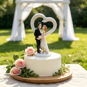 May include: A white cake topper featuring a couple in formal attire standing under a large white heart-shaped arch. The cake is white, round, and decorated with three light pink roses and green leaves on a round wooden serving board.