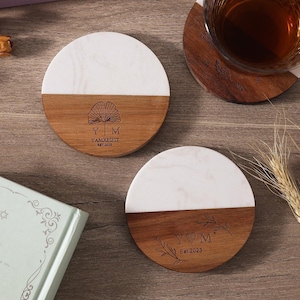 Custom Engraved Marble & Wood Coaster, Personalized Acacia Wood Drink Coaster, Heat-Resistant Coffee Cup Mat, Custom Logo Bar Coaster