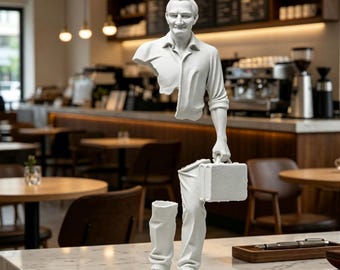 Surreale Reisende-Statue, inspiriert von Bruno Catalano, abstrakte 3D-Kunstdekoration, Skulptur als Symbol der Resilienz, individuelle Bürodekoration