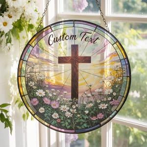 Christian Stained Glass Cross Suncatcher with Wildflowers | Religious Window Hanging | Easter Faith Gift | Home Decor