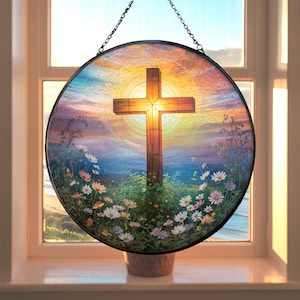 Stained Glass Cross Suncatcher, Wildflowers Christian Window Decor, Religious Faith Gift for Easter Baptism Mother’s Day Home