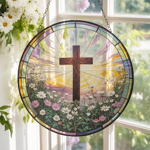 Christian Stained Glass Cross Suncatcher with Wildflowers | Religious Window Hanging | Easter Faith Gift | Home Decor