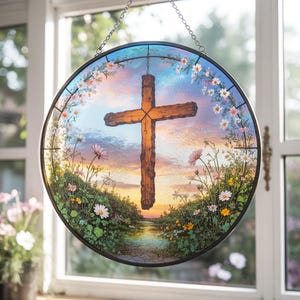 Stained Glass Cross Suncatcher with Wildflowers, Christian Window Hanging Decor, Religious Faith Gift, Easter Floral Cross Home Ornament