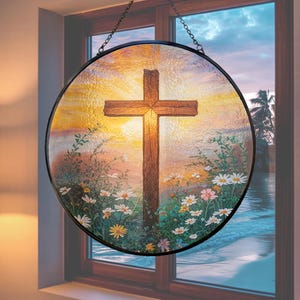 Stained Glass Cross Suncatcher, Wildflower Christian Decor, Religious Faith Gift, Easter Baptism Mother's Day Home Ornament