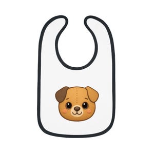 パピーベビービブ - コントラストトリムのソフトジャージービブ | かわいい犬のデザイン | Solkind ぬいぐるみシリーズ | ベビーギフト | 新生児の必需品