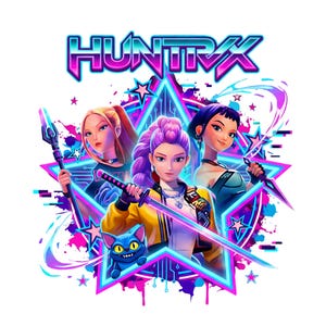 May include: A digital illustration featuring three female characters with weapons, set against a neon star and splash background. The word "HUNTRAX" is displayed at the top. The characters are in a futuristic style, with vibrant colors.