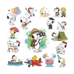 Lindo paquete de SVG y PNG de Snoopy, conjunto de imágenes prediseñadas de perro Peanuts, paquete de SVG de perro Snoopy para camisetas, sudaderas, pegatinas y fundas de teléfono, descarga digital