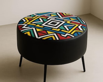 Ndebele print ronde poef Afrikaans, zelfgemaakt