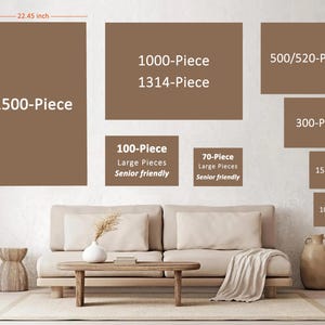 Peut inclure: Pr&eacute;sentation de tailles de puzzles, dont 1500 pi&egrave;ces (87 x 57 cm), 1000 pi&egrave;ces, 500/520 pi&egrave;ces, 300 pi&egrave;ces, 158 pi&egrave;ces et 108 pi&egrave;ces. Sont &eacute;galement affich&eacute;s des puzzles de 100 et 70 pi&egrave;ces, &eacute;tiquet&eacute;s "Grandes pi&egrave;ces, Adapt&eacute; aux seniors."