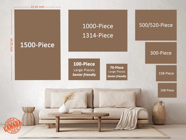 Peut inclure: Pr&eacute;sentation de tailles de puzzles, dont 1500 pi&egrave;ces (87 x 57 cm), 1000 pi&egrave;ces, 500/520 pi&egrave;ces, 300 pi&egrave;ces, 158 pi&egrave;ces et 108 pi&egrave;ces. Sont &eacute;galement affich&eacute;s des puzzles de 100 et 70 pi&egrave;ces, &eacute;tiquet&eacute;s "Grandes pi&egrave;ces, Adapt&eacute; aux seniors."