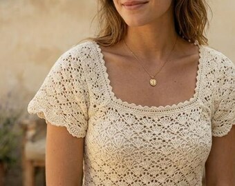 Beginner Crochet Lace Top Pattern | Shell Stitch Square Neck Beach Shirt (Digital Download)