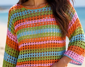 Rainbow Crochet Top Pattern PDF | Boho Summer Beach Cover Up | Beginner Crochet Top Pattern | Instant Download | Womens Crochet Shirt