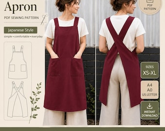 Cross Back Apron Sewing Pattern PDF, Japanese Apron Pattern, No-Tie Linen Pinafore, Beginner Apron Pattern, Apron PDF, Women