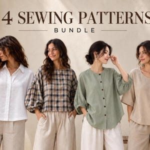 May include: A digital graphic titled 4 SEWING PATTERNS BUNDLE featuring four different tops: a white collared shirt, a brown and navy plaid blouse with puff sleeves, a sage green button-down shirt, and a beige scoop-neck top with buttons.