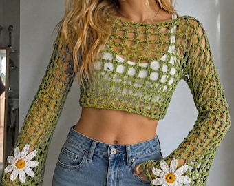 Crochet Mesh Crop Top Pattern PDF | Daisy Sleeve Floral Top | Beginner Summer Crochet Top | Boho Beach Festival Top | Instant Download