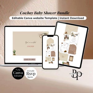 Cowboy Baby Shower Website Template Bundle, Editable Canva Invitation and Stationery Set