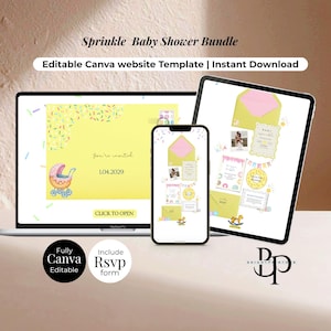 Könnte beinhalten: Digitales Babyparty-Bundle, angezeigt auf einem Laptop, Tablet und Smartphone. Das Design hat einen gelben Hintergrund mit Konfetti, einem Kinderwagen und dem Text "Sprinkle Baby Shower Bundle". Enthält eine editierbare Canva-Vorlage und ein RSVP-Formular.