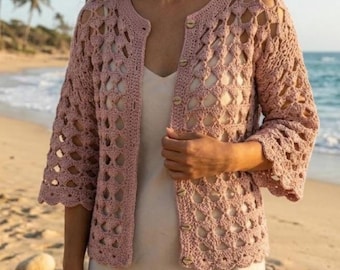 Mauve Rose Crochet Cardigan Pattern, Easy Boho Summer Top (PDF Download)