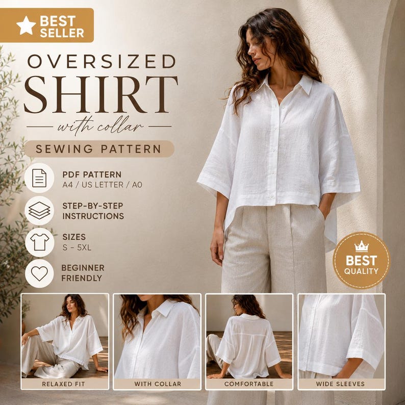 May include: A white oversized shirt sewing pattern featuring a collar, button-down front, and wide sleeves. The text includes BEST SELLER, OVERSIZED SHIRT with collar SEWING PATTERN, PDF PATTERN A4 / US LETTER / A0, STEP-BY-STEP INSTRUCTIONS, SIZES S - 5XL, BEGINNER FRIENDLY, BEST QUALITY, RELAXED FIT, WITH COLLAR, COMFORTABLE, and WIDE SLEEVES.